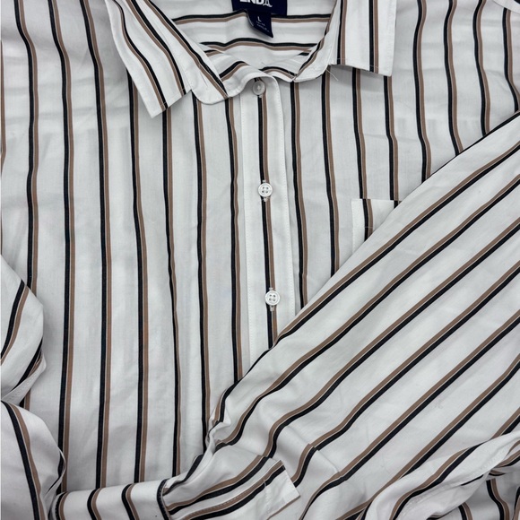 Lands' End Tops - Lands' End No Iron White With Navy/Tan Striped Button Down‎ Shirt, Size Large